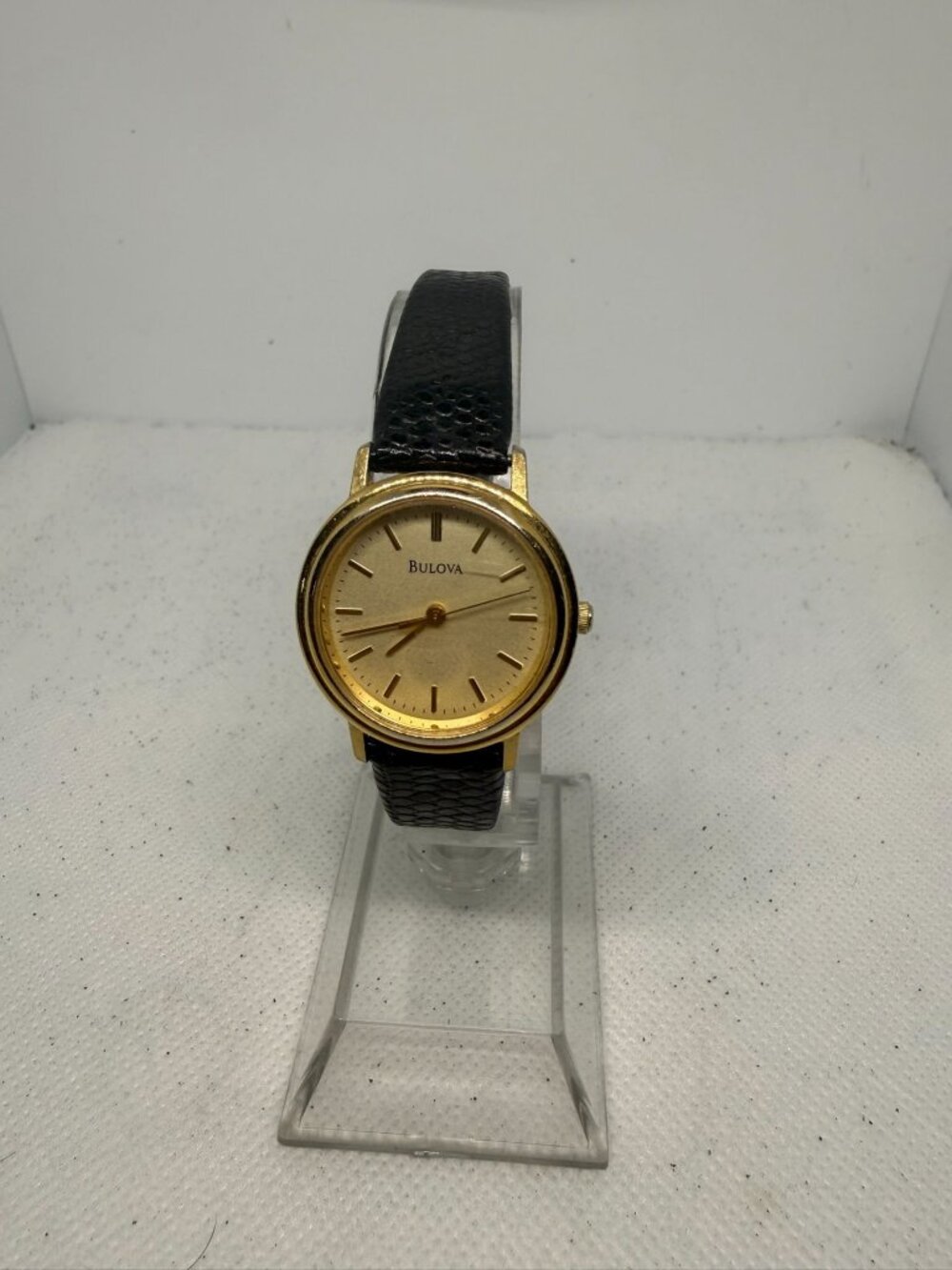 Vintage Bulova T7 Quartz Gold Tone Bezel Black Speidel Leather Women's Watch